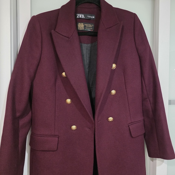 Zara Manteco Wool Elegant Burgundy Long Coat Double Beasted Gold Button - Picture 6 of 17